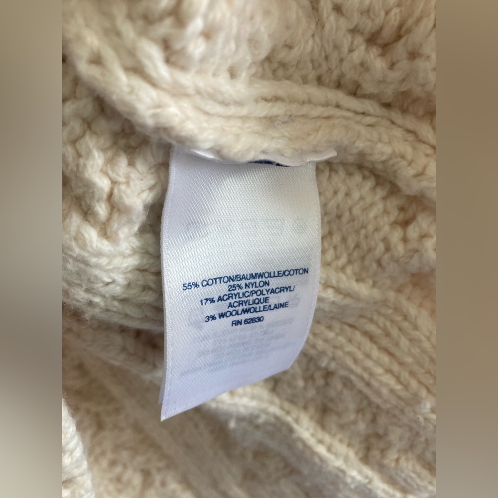 Women’s Lands’ End chunky cableknit cream wool cotton blend turtleneck sweater - Picture 5 of 7